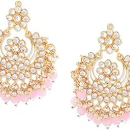 zaveri pearls Gold Tone Traditional Kundan & Pink Beads Chandbali Earring For Women-ZPFK8663 image 1