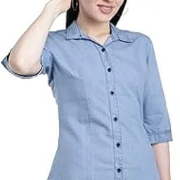 Blue Sleek and Versatile Button-Up Casual Denim Shirt for Women - Slim Fit - Essential 3/4 Sleeve Chic Top-image-30