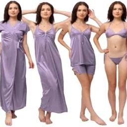 Chui MUI 6-Piece Women's Satin Nightwear Set, Wrap Gown, Top, Shorts, Bra and Panty Combo.-picture-47