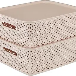 KOLORR Royal Baskets pack of 2 Medium Basket with 2 Lid - Beige | stackable| easy to clean | strong and durable | BPA free | Multipurpose Plastic Storage Basket, Rectangular-picture-17