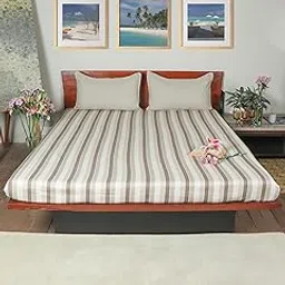 ZEBA World Cotton Blend Striped Bedcover for Double Bed with 2 Pillow Covers(with Cord Piping) | Queen Size - Beige Color| Bedcover 90 x 108inches (7.5x9ft), Pillow Covers 17x27in-image-25