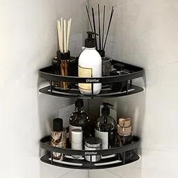 Plantex Corner Shelf for Bathroom Wall/No Drill Bathroom Organiser/Aluminium Corner Shelf for Kitchen/Self Adhesive Shelf (9x9 inches, Matt Black) - Pack of 2-picture-21