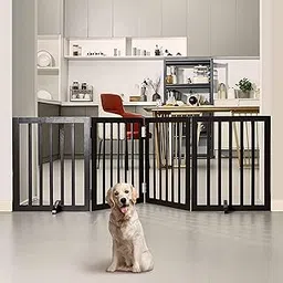 Belief Wood | Freestanding Dog Gate | Foldable Wooden Pet Safety Gate for Dogs & Kids | Indoor Barrier with Support Feet for Stairs, Doorways, Hallways & Kitchens - 24" (Brown, 4 Panel)-picture-22