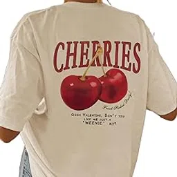 sxv style SXV 'Cherries' Printed Cool Aesthetic Oversized Baggy Drop Shoulder Pure Cotton Half Sleeves T-Shirt for Women-picture-19
