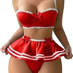 riodebella Women’s Sexy Lingerie Bra & Skirted Panty Set with Red Bow Detailing – Role Play, Honeymoon & Nightwear Outfit-picture-50