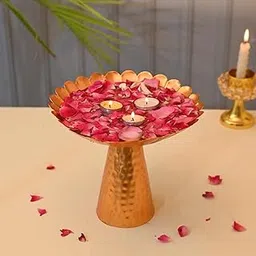 CraftVatika Urli Bowl with Stand Decorative Urli Bowl for Home House Decoration Floating Flowers with Tea Light Candles Table Decor Diwali Decoration Items, (9.8 Inch Length)-image-70