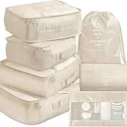 VARENYYA 7 Set Travel Organizer Bag/Packing Cubes/Bags for Luggage/Suitcases/Travel Accessories/Compression Storage Shoe Bag/Clothing Underwear for Man & Womenl Nylon (Beige)-picture-24