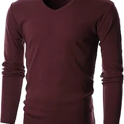 givon Mens V-Neck T-Shirts Slim Fit Long Sleeve Lightweight Thermal Tops, Dcp053 (100% Cotton)-burgundy, Small-picture-38