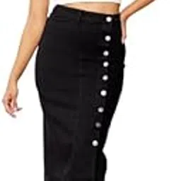 tripursundari fashion Z Black Side Button Plain Straight Maxi Denim Woman Skirt 14600-picture-19