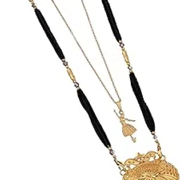 Women's Gold-Plated Long Mangalsutra with an Intricate Heart-Shaped Filigree Pendant and Black Beaded Chain, Paired with an Adjustable Gold-Tone Charm Necklace for a Layered Look-MD-043-image-95