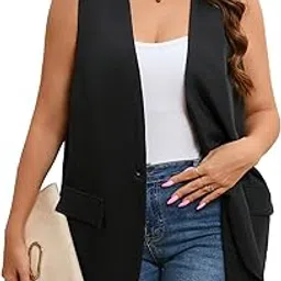 wdirara Women's Plus Size Deep V Neck Button Front Vest Blazer Elegant Sleeveless Jacket-picture-22