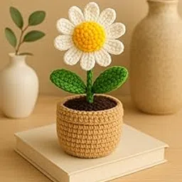 Handmade Crochet Daisy Rose and Sunflowers Flower in Pot – Knitted Home Décor Showpiece, Table Decoration Gift (Daisy)-picture-13