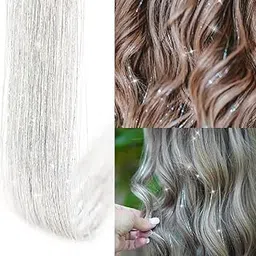 NYAMAH SALES - 4 pcs Hair Extension Hair Clips Tinsel Kit with Tools 1Pcs 200 Strands Silver Hair Tinsel Heat Resistant Fairy Hair Tinsel, Sparkling Glitter Tinsel Hair Extensions Hair Tensile for Women Girls Kids (SILVER, 42)-picture-16