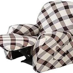 House of Quirk Recliner Slipcover 4 Pieces Stretch Printed Chair Covers with Side Pocket Recliner Sofa Couch Cover Anti-Slip Fitted Recliner Cover Furniture Protector - Brown/White Check-picture-20
