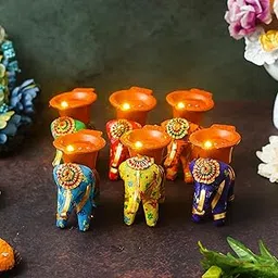 Dreamica Set of 6 Elephant Tealight Candle Holders with Water Sensor Diya – Traditional Decorative Tealight Holder for Diwali, Puja, Home Decoration, Festivals & Gifting-picture-11