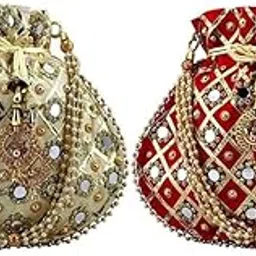shree fashion Indian Handicraft Women's/Girls Silk Ethnic Rajasthani Potli Bag Golden and Maroon(Beige-picture-38