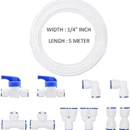 AQUALIF RO Push Fit Connector,Push To Connect Water Tube Fitting Ball Valve,Tee,Straight Union,E-Blow Union Tube Fitting, 5 Meter 1/4" Pipe For Ro Water Purifiers Set, White image 1