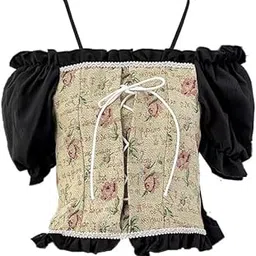 icw Women Korean Retro Style Vintage Floral Jacquard Lace-Up Off-The-Shoulder Smock Half Puff Sleeve Ruffled Crop Blouse Corset Top Dn956 (Fit to XS-S)-picture-16