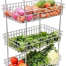 Drashti Villa Stainless Steel Modern Kitchen Storage Rack Folding Perforated Design Trolley Spice Fruits and Vegetable Onion Potato Organizer Stand Trolley with Wheel Kitchen Trolley (4 Layer Trolley)-image-36