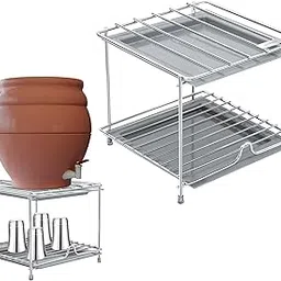Plantex Matka Stand/Stainless Steel 2-Tier Matka Stand for Kitchen/Square Water Pot with Tray - 8 X 7.5 inch (Chrome)-image-55