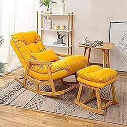 Wood Rocking Chair with Footrest, Recliner Chair for Lounges, Hallways, Living Room, Bedroom (Yellow)-picture-26