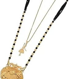 malkyn Women's Gold-Plated Long Mangalsutra with an Intricate Heart-Shaped Filigree Pendant and Black Beaded Chain, Paired with an Adjustable Gold-Tone Charm Necklace for a Layered Look-MD-111-picture-28