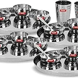 Sumeet Stainless Steel Handcrafted Hammered Texture Heavy Gauge Mirror Finish Royal Dinner set of 24 Pcs (4 Plate, 4 Small Halwa Plate, 4 Big Bowl/Wati, 4 Small Bowl/Wati 4 Glass, 4Spoon)-picture-23