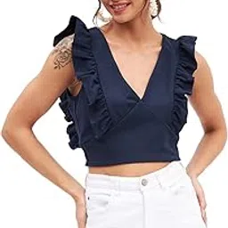 Casual Women's Polyester Navy V Neck Solid Crop Top-image-10