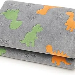 TRUSTORA Glow in The Dark Dinosaur Blanket for Kids – Ultra Soft Fleece | 97 x 131 cm | Cozy, Machine Washable, Hypoallergenic – Gift for Toddlers, Boys & Girls - Grey Dino with Orange image 1