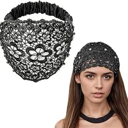 obtheleg Hair Bands For Women, Stretchy Lace Wide Head Band For Women, Boho Chic Crystal & Pearl Embellished Hair Band, Elegant Floral Beaded Headband, Hair Accessories (Black, One size)-picture-24