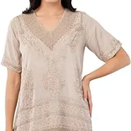 Women's Embroidered Crochet Tunic Top, Short Sleeve, V-Neck, Beige-picture-49