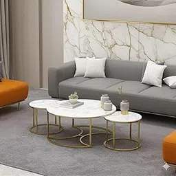 Modern Nesting Coffee Tables Set of 3, White Marble Top with Gold Base, Round Metal Frame Foldabel-image-3