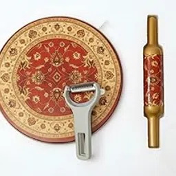 Marble Chakla with Golden Red Printed Design and Wooden Belan Set, Free Knife Peeler, 25 cm Diameter, 3 kg, Kitchen Roti Maker Combo-picture-16