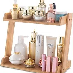 The expo crafts 2 Tier Pine Wood Organizer Rack for Makeup, Skincare & Toiletries | Wooden Countertop Storage Shelf for Bathroom, Kitchen & Dressing Table | Multipurpose Cosmetic Storage Stand-image-82