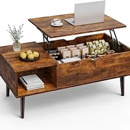 Priti Coffee Table, Lift Top Coffee Tables for Living Room, Small Rising Wooden Dining Center Tables with Storage Shelf and Hidden Compartment, Brown-picture-23