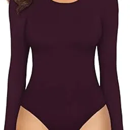 mangopop Women's Round Neck Long Sleeve Tops T Shirt Bodysuit (Long Sleeve (Burgundy), Small)-picture-15
