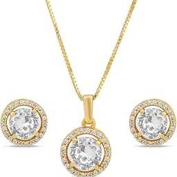 zavya 925 Sterling Silver Jewelry Set Circular Cubic Zircon Solitaire Gold Plated Pendant Chain with Stud Earrings|Gift for Women &Girls|With Authenticity Certificate & 925 Stamp |Women's Day-picture-34