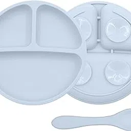 FunBlast Silicone Suction Plate with Compartments & Spoon – BPA-Free Baby Feeding Set, Strong Suction, Non-Slip Toddler Plate for Self-Feeding, Microwave & Dishwasher Safe (Light Grey)-picture-20