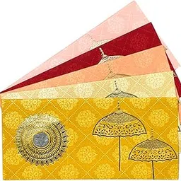 Pack of 20, Rectangle Shape Metallic Paper Shagun Envelope with Coin for Gifting Cash Sagan Lifafa Wedding Occasion Money, 19 X 8 cm, Multicolored 5 Colors of 4 Each, Umbrellas Design-picture-11