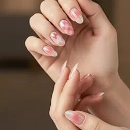 Stick-on Nails | Korean ABS Pink Glossy Press-On Nails | Almond Shape, Cute Check & Bow Art, Long Lasting, Easy Application-picture-41