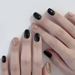 Set Of 14Pc, Press-On, Glossy Black With Gold Sparkle, Short Square Shaped, Nail Extensions With Free Glue Kit-image-66
