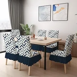 BRIDA Stretchable Floral Geometric Printed Dining Chair Covers Frill Skirt Elastic Chair Seat Case Protector, Slipcovers (6 Chair Cover, Zigzag Blue) image 1