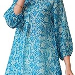 janasya Women's Blue Silk Blend Floral Printed A-line Tunic-picture-2