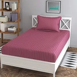 NHD HOME 210 Tc Glace Cotton Sartin Striped/Plain Bedsheets for Single Bed Coat/DiwanSize Bed with One Pillow Covers for Home-Hotels-Guest House, Color- Pink (Bargandi)-picture-14