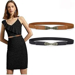 palay 2Pcs Waist Belt for Women Belts for Dress Fashion Elastic Slim Dress Belts for Women Ladies Stretch PU Leather Belt with Metal Buckle Closure for Shirt Blouse Blazer - Black & Brown image 1