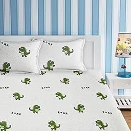 URBAN DREAM Kids Cute Dinosaur Roar Print White and Green BEDSHEET Set (Double Bed)-image-27