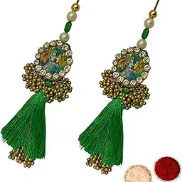 buyent enterprises Buyent ® Elegant Kundan pearl lumba rakhi for bhabhi traditional radha krishna chuda rakhi set of 2 hanging for bhabhi sister womens rakhi with roli chawal-picture-14