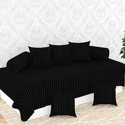 Himanshu Enterprises - Microfiber Solid & Striped 8 Pieces Diwan Set with Single bedsheet, 5 Cushions Covers and 2 Bolster Covers-DIWAN_Set-Black-picture-41
