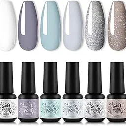 ROSALIND 6pcs Gel Nail Polish Gray Green Glitter,Nail Art Design Set Need UV LED DIY at Home set1-image-6