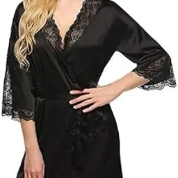 Women's Satin Lace Robe – Sexy Kimono Bathrobe with Floral Lace Trim, V-Neck Sleepwear & Soft Belted Nightwear – Short Silk Dressing Gown-picture-26